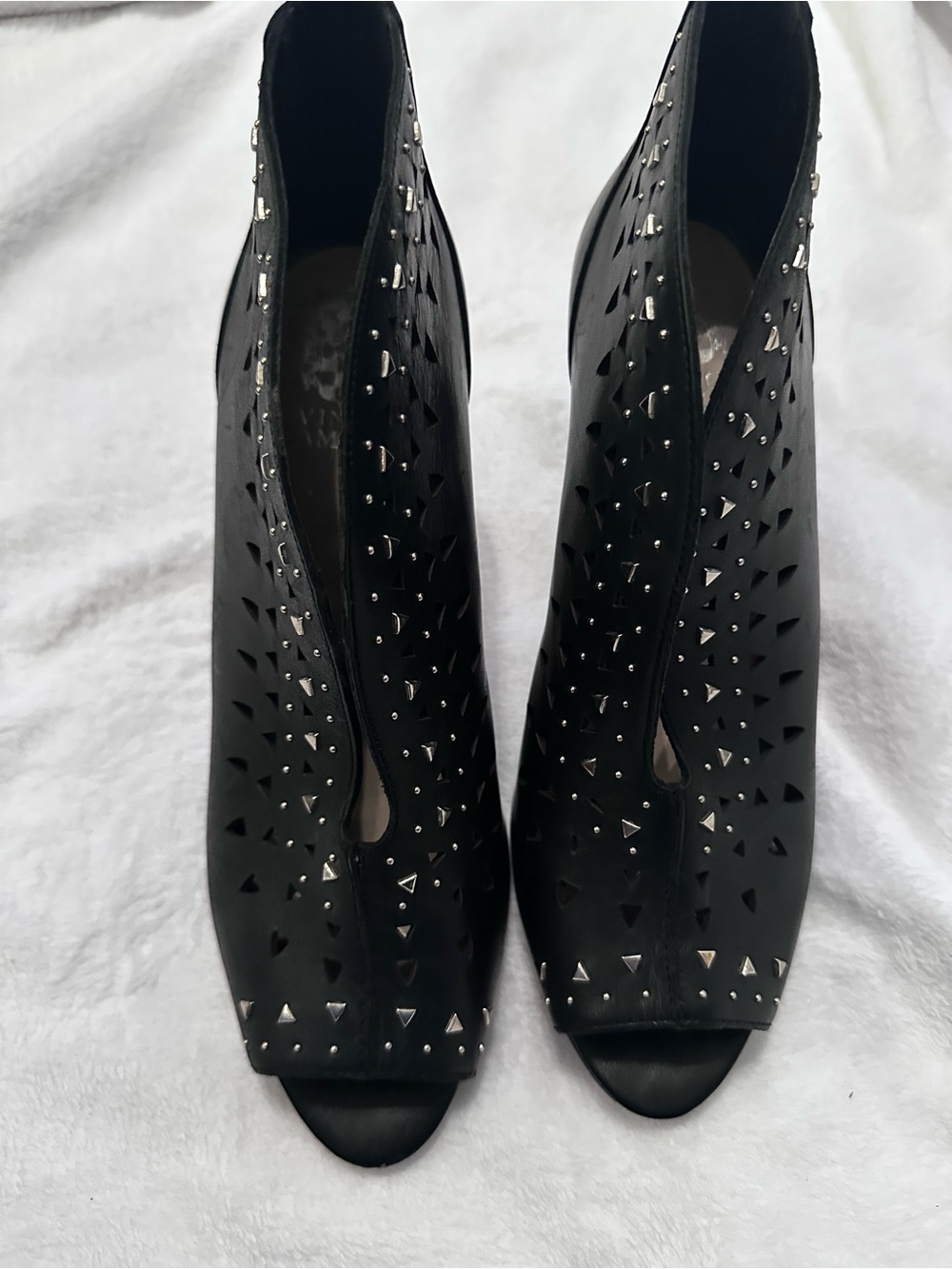 Vince Camuto Black Studded Peep-Toe Laser-Cut Booties